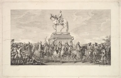 La inauguración de la estatua de Luis XV, viñeta en la página 1, de Description des Trava..., 1766