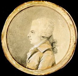 Wolfgang Amadeus Mozart - Augustin de Saint-Aubin (1736-1807). Sanguina, tiza negra y color blanco sobre papel, ca 1778. Dimensión: D 13,8 cm. Colección Privada