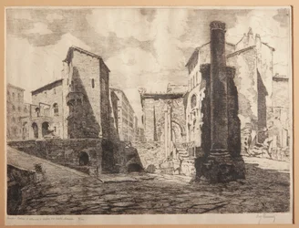 Roma, Pórtico de Octaviae, y las Ruinas del Teatro de Marcelo (grabado sobre papel)