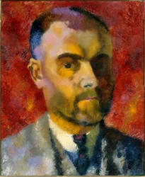 Autorretrato de Augusto Giacometti sobre fondo rojo