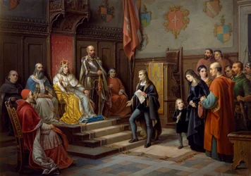 Federico III, presionado para marchar contra los turcos por el poeta triestino Raffaele Zovenzoni, pintura de Augusto Tominz (1818-1883)