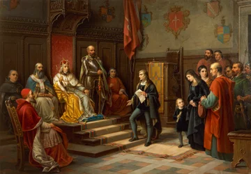 Federico III, presionado para marchar contra los turcos por el poeta triestino Raffaele Zovenzoni, por Augusto Tominz (1818-1883)