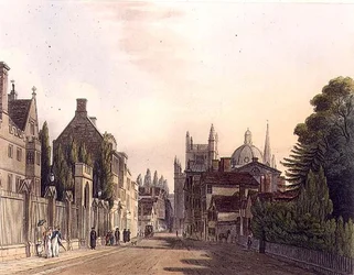 Exterior de Wadham Hall visto desde los parques, ilustración de la 