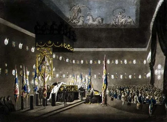 Restos de Lord Viscount Nelson en Estado en la Cámara Pintada en el Hospital de Greenwich, grabado por J. Merigot, pub. 1806