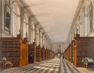 Interior de la Biblioteca del Trinity College, Cambridge, de La Historia de Cambridge, grabado por Daniel Havell (1785-1826), pub. por R. Ackermann, 1815
