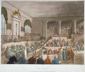 Vista interior de la Casa de Sesiones, Old Bailey, con un tribunal en sesión, Ciudad de Londres, 1809