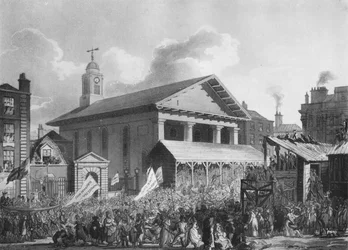Iglesia de San Pablo, Mercado de Covent Garden, durante la elección de Westminster en 1808, 1911