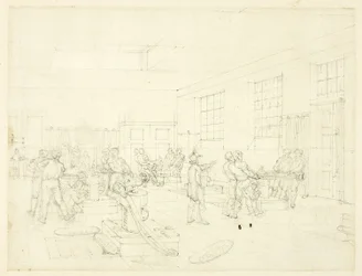 Estudio para La Casa de la Moneda, del Microcosmos de Londres (anverso); Boceto de patio (reverso)