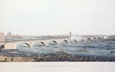 La inauguración del Puente de Waterloo el 18 de junio de 1817, grabado por A. Pugin a partir de un dibujo de W. Findlater, grabado por R. Havell y Son, 1818 (grabado en color)