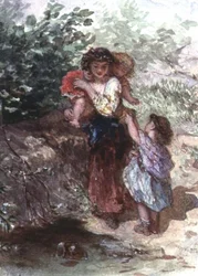 Niña de pie con un niño sobre sus hombros, otro niño a su lado