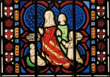 Segunda esposa de Pugin, Louisa, con su hijastra Anne y sus dos hijas Agnes y Katherine, Ventana Este de la Capilla, c.1844