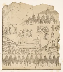 Asirios moviendo un toro alado sobre un trineo (Kouyunjik), de Monumentos de Nínive, pub. 1849 (grabado)