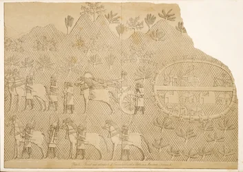 Carro y asistentes de Senaquerib y un castillo en una montaña (Kouyunjik), de Monumentos de Nínive, pub. 1849