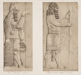 Dios pez (Nimrud) y figura cerca de una entrada (Kouyunjik), de Monumentos de Nínive, pub. 1849