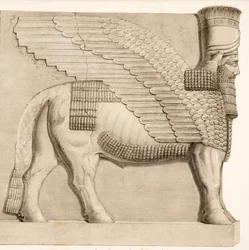 Toro con cabeza humana y figura alada de una puerta en la muralla que rodea Kouyunjik, de Monumentos de Nínive, pub. 1849