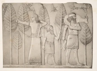 Cazadores con gacela, liebre y aves (Khorsabad), de Monumentos de Nínive, pub. 1849