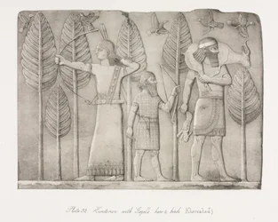 Monumentos de Nínive: Placa 32, Cazadores con gacela, liebre y aves Khorsabad, 1853