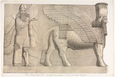 Monumentos de Nínive: Lámina 3, Toro con cabeza humana y figura alada..., 1853