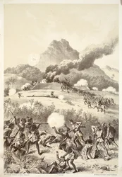 Tomando una reducto maorí, de La Historia de Australasia por David Blair, McGrady, Thomson y Niven, 1879