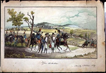Una procesión de soldados de Habsburgo en un paisaje