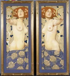 Un par de pasteles sobre papel, que representan figuras femeninas semi-desnudas, c.1900