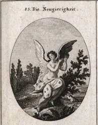 Alegoría de la curiosidad representada con un manto salpicado de orejas y ojos. Las alas elevadas. Grabado en “Iconologie oder Ideen aus dem Gebiete der Leidenschaften und Allegorien bildich dargestellt fur Zeichner, Mahler, Dichter, Gelehrte, Erzieher und