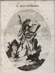 Alegoría del mérito representada en la cima de una roca empinada con armas y un libro simbolizando el resultado de sus obras y estudios. Grabado en 