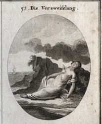 Alegoría de la desesperación con un puñal en el pecho y una rama de ciprés en la mano (árbol que una vez adornó las tumbas). La brújula de brisa es el emblema del desorden del pensamiento. Grabado en "Iconologie oder Ideen aus dem Gebiete der Leidenschafte