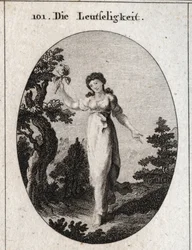 Alegoría de la afabilidad presentando una gran flor de rosa. Grabado en 