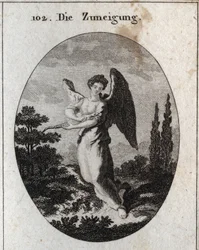 Alegoría del afecto o la bondad. Su atributo es el lagarto, símbolo de su bondad y afecto natural por los hombres. Grabado en «Iconologie oder Ideen aus dem Gebiete der Leidenschaften und Allegorien bildlich dargestellt für Zeichner, Maler, Dichter,»