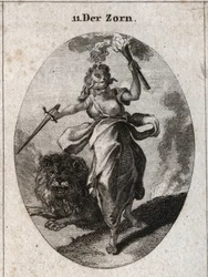 Alegoría de la ira representada en una actitud inquieta, con una venda en los ojos, una espada y una antorcha en las manos. Está vestida con piel de oso y el león detrás de ella es furiosidad. Grabado en "Iconologie oder Ideen aus dem Gebiete der Leidensch