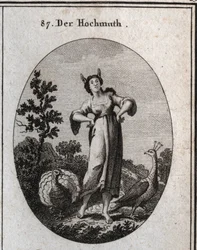 Alegoría de la arrogancia. Sus orejas de burro marcan ignorancia y su postura denota su orgullo. El pavo real es un símbolo de orgullo y el pavo haciendo la rueda es el de la estupidez. Grabado en "Iconologie oder Ideen aus dem Gebiete der Leidenschaften u
