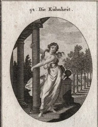 Alegoría de la audacia que abraza una columna que sostiene un edificio, mientras intenta derribarlo; Grabado en “Iconologie oder Ideen aus dem Gebiete der Leidenschaften und Allegorien bildich dargestellt fur Zeichner, Mahler, Dichter, Gelehrte, Erzieher