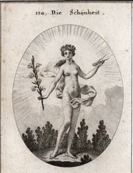 Alegoría de la belleza. El compás es el emblema de la precisión de las proporciones. El lirio es el símbolo de la belleza. Grabado en "Iconologie oder Ideen aus dem Gebiete der Leidenschaften und Allegorien bildich dargestellt fur Zeichner, Mahler, Dichter