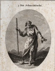 Alegoría de la culpa representada por Momus, el dios de la sátira y la reprimenda, como un anciano hablando y golpeando la tierra. Su ropa está cubierta de orejas, ojos y lenguas. Grabado en "Iconologie oder Ideen aus dem Gebiete der Leidenschaften und All