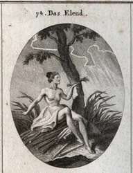 Alegoría de la calamidad. Ella se sienta en brisas cuya fragilidad es la imagen de la inestabilidad de la fortuna y las miserias de la vida. Grabado en "Iconologie oder Ideen aus dem Gebiete der Leidenschaften und Allegorien bildich dargestellt fur Zeichne