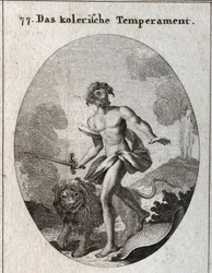 Alegoría del temperamento colérico. Él sostiene una espada para atacar y acaba de arrojar su escudo olvidando defenderse. Su atributo es un león amenazante. Grabado en "Iconologie oder Ideen aus dem Gebiete der Leidenschaften und Allegorien bildich dargest
