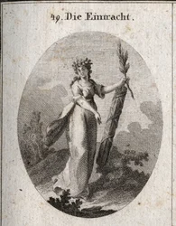 Alegoría de la concordia representada con una corona de granadas, emblema de la unión. La rama de olivo y un símbolo de paz y el haz de varas fuertemente atadas marcan el poder de las fuerzas unidas. Grabado en “Iconologie oder Ideen aus dem Gebiete der Le
