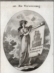 Alegoría de la confusión sosteniendo un dibujo que representa la Torre de Babel con la palabra "Babylonia Undique". El fondo representa el caos y su cabello no encaja con la inestabilidad de sus fantasías. Grabado en "Iconologie oder Ideen aus dem Gebiete 