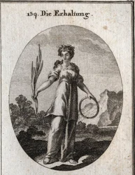 Alegoría de la conservación. La rama de cedro es incorruptible pero también es el emblema de la conservación y el círculo el de la sucesión continua. Ella lleva una corona de plantas aromáticas que los egipcios usaban para preservar a los muertos. Grabado 