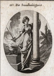 Alegoría de la constancia. Ella sostiene una espada sobre un fuego ardiente. La columna que abraza es el atributo de la granja. Grabado en "Iconologie oder Ideen aus dem Gebiete der Leidenschaften und Allegorien bildich dargestellt fur Zeichner, Mahler, Di