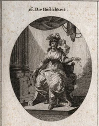 Alegoría de la cortesía representada por una mujer rica, graciosa y sonriente que reparte dinero y joyas. Grabado en “Iconologie oder Ideen aus dem Gebiete der Leidenschaften und Allegorien bildich dargestellt fur Zeichner, Mahler, Dichter, Gelehrte, Er