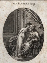 Alegoría de la astucia y el engaño. Expresión: Quien te da más caricias de lo habitual, es señal de que te ha engañado o quiere engañarte. Grabado en “Iconologie oder Ideen aus dem Gebiete der Leidenschaften und Allegorien bildich