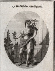 Alegoría de la decencia. Joven con piel de león para expresar su distinción y grandeza de alma. La rama de amaranto y la corona muestran que aún mantiene su belleza. La elocuencia y sagacidad en el discurso. Grabado en “Iconologie