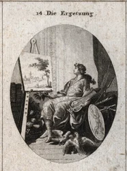 Alegoría de la delectación representada por un joven sosteniendo una lira cerca de una pintura con frutas, libros, armas y dos palomas que se acarician, todo simbolizando el encanto de los sentidos. Grabado en "Iconologie oder Ideen aus dem Gebiete der Lei