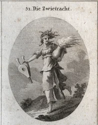 Alegoría de la discordia. Su cabello está formado por víboras y su frente tiene una venda ensangrentada. Un fuelle en una mano y en la otra un vaso de fuego. Grabado en 