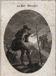 Alegoría de la duda representada por un joven caminando en la oscuridad con una linterna y un barco que ayuda a encontrar su camino a través de varios caminos llenos de piedras. Grabado en “Iconologie oder Ideen aus dem Gebiete der Leidenschaften und Alleg