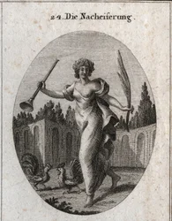 Alegoría de la emulación. La trompeta y la palma simbolizan la recompensa atribuida al mérito. Los atributos son dos gallos listos para pelear. Grabado en “Iconologie oder Ideen aus dem Gebiete der Leidenschaften und Allegorien bildich dargestellt fur Zeic