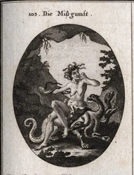 Alegoría de la envidia en la forma de una anciana muy fea. Enfurecida, muerde su puño y una serpiente intenta morder su corazón. Está sentada sobre una hidra, un monstruo que se parece a ella. Grabado en 