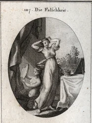 Alegoría de la falsedad. Su emblema es una sirena mirándose en un espejo. Grabado en “Iconologie oder Ideen aus dem Gebiete der Leidenschaften und Allegorien bildich dargestellt fur Zeichner, Mahler, Dichter, Gelehrte, Erzieher und freunde Hoherer G”.